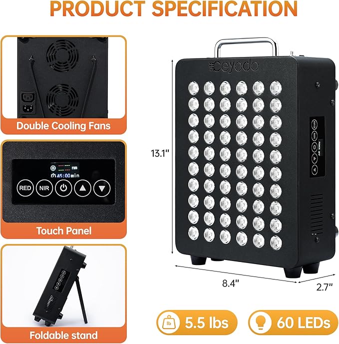 Red Light Therapy for Body, 4 Chip Infrared Light Therapy Panel with Near-Infrared Light 630nm 660nm 850nm 940nm, 138W High Power 60 LED Red Infrared Light Device, Includes Hanging Kit & Handle,Black