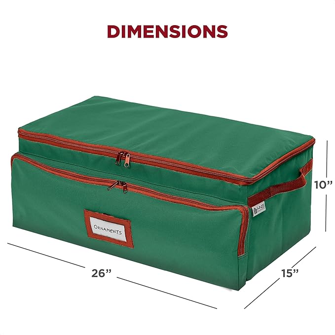 Premium Christmas Ornament Storage Box – Holds up to 72-3” Ornaments + 6 Side Slots for Figurines & Nutcrackers – Holiday Decoration Organizer – Durable 600D Green Canvas