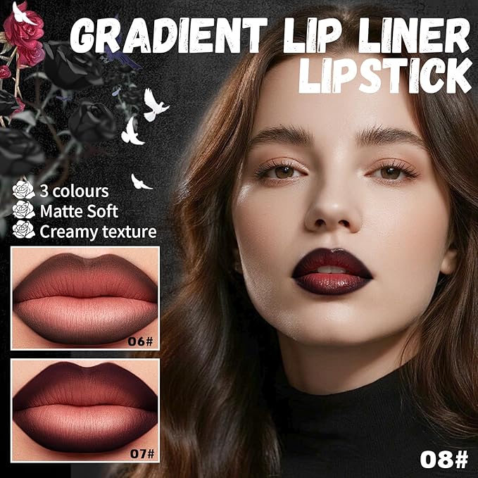 HOSAILY 3 Colors 2 in 1 Gothic Lip Liner Set, Matte Dark Brown Red Black Lip Liner Plumping Smooth Creamy Lip Pencil, High Pigmented Long lasting Lip Stain Lipstick Goth Halloween Makeup, 06+07+08