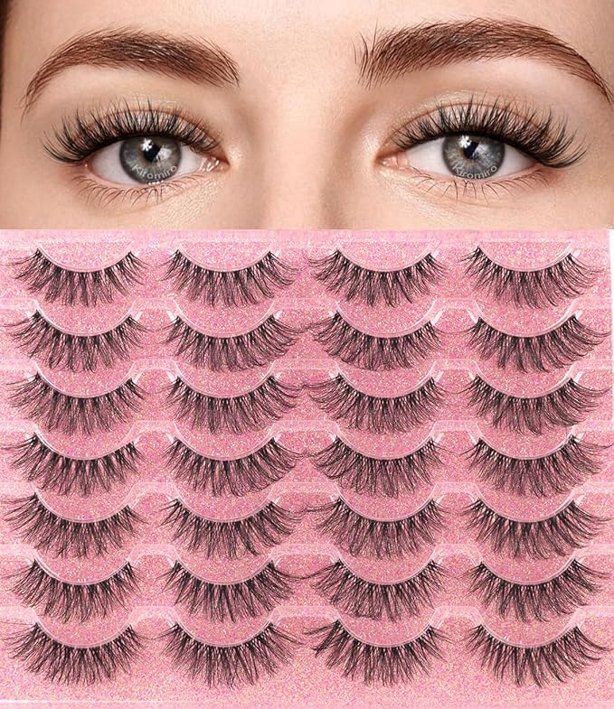 Lashes Natural Look Faux Mink Eyelashes Wispy Clear Band Lashes 16mm Natural False Lashes Cat Eye Short Strip Lashes Pack 14 Pairs