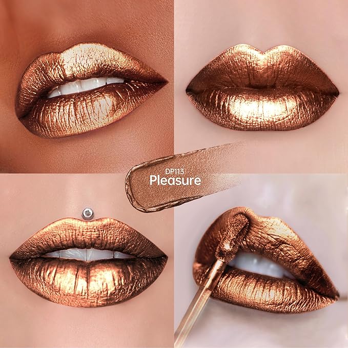 Depuplum Brown Lipsticks for Women Metallic Lipstick Long Lasting Non Stick Cup Lip Gloss, Shimmer Lightweight Hydrating Full Coverage Lip Color, DP113 Pleasure