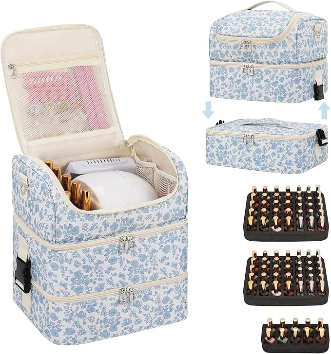 Extra Large Nail Polish Organizer - Three Layer Nail Organizers And Storage Bag, Portable Nail Supplies Organizer Case, Nail Tech Kit Travel Carrying Box with Shoulder Strap (Floral Blue, 86 Slots)