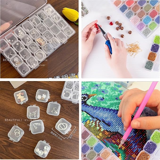 SJZQ 2 Pack 28 Grid Plastic Diamond Painting Organizer, Small Bead Storage Containers with Removable Compartments for Jewelry, Ear Studs, Pigment Sand, Diamond Art & Small Items
