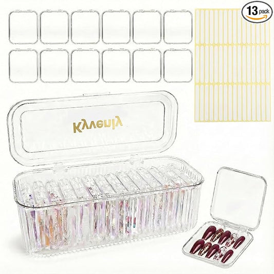 Kyvenly Press On Nail Organizer 12pcs 3.3in Nail Case And 1 Big Acrylic Storage Box For Packaging Clear Display Box Fake Nail Organizer With Double Sided Adhesive Tabs Nail Display Nail Salon