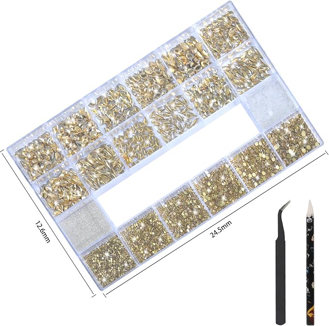 Nail Rhinestones - 3D Multiple Shape Size Gems, Champagne Gold, Manicure Beads, Pearls, Flatback Crystals Rhinestones, with Kit, for Nail Art Decor