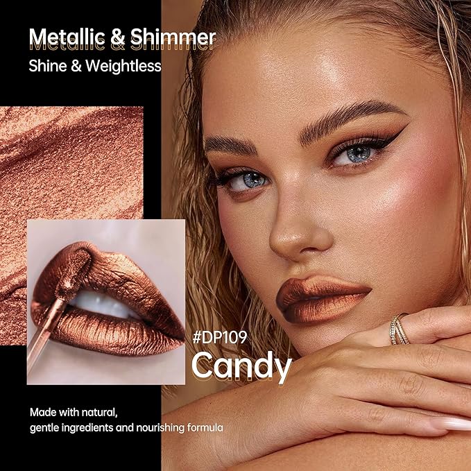 Depuplum Chocolate Lipsticks for Women Metallic Lipstick Long Lasting Non Stick Cup Lip Gloss, Shimmer Lightweight Hydrating Full Coverage Lip Color, DP109 Candy