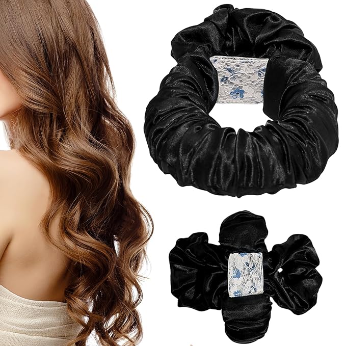 Heatless Hair Curler Overnight to Sleep In,Heatless Curling Scrunchie for Women Soft Silk Lazy Rollers Headband for Long Hair Overnight. (Black)