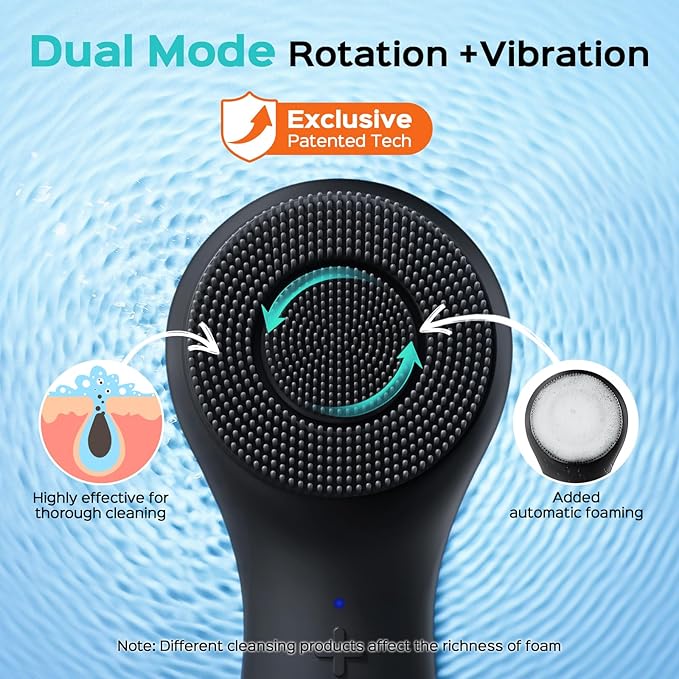 COSLUS Face Scrubber Facial Cleansing Brush: 2 in 1 Spin and Vibration Patented Tech, Silicone Electric Exfoliator Scrubber with Automatic Foaming, Waterproof Face Cleanser Brush for Men and Women