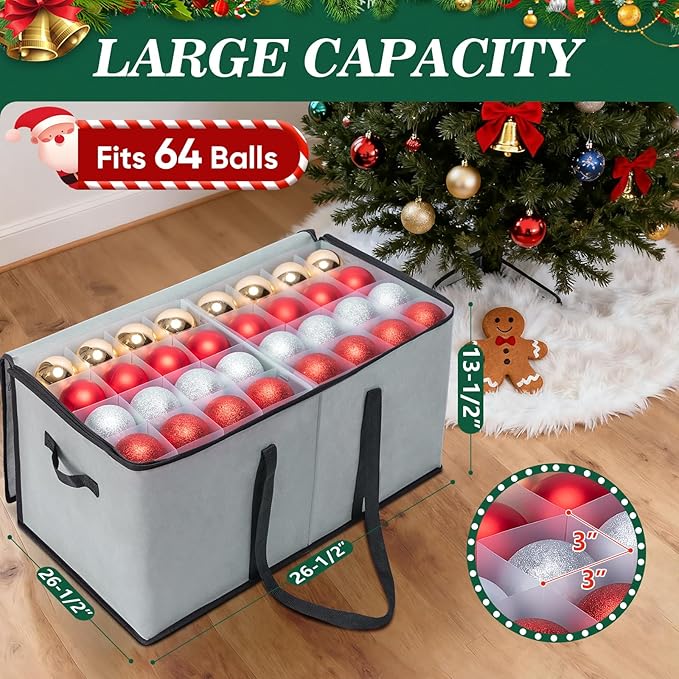 BALEINE Christmas Ornament Storage Box with Dividers, Premium Holiday Ornaments Storage Container Bin for Xmas Decorations (128 Ball, Red, Soft)