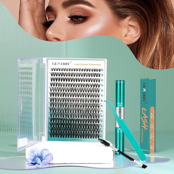 GEMERRY Lash Extension Kit DIY 280pcs Lash Clusters Kit Eyelash Extension Kit D Curl Individual Lashes Kit with Lash Bond and Seal Lash Tweezers for Self Use（40P+50P-10-18mm)