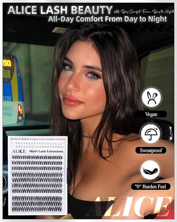 ALICE Flaunt Lash Clusters Natural Wispy Lash Extensions Short Volume 10-14mm Cluster Eyelash Extensions Thin Band Individual Lashes with Spiky Bottom Lashes