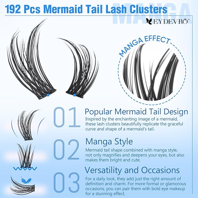 EYDEVRO Wispy Lash Clusters Natural Eyelash Clusters 10-16mm Cluster Eyelash Extensions 192 Pcs Individual Lashes CD Curvature Cluster Lashes Comfortable Soft Thin Band DIY Lash Extensions