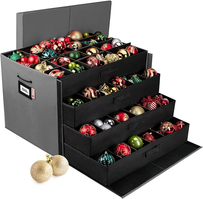 HOLDN’ STORAGE Christmas Ornament Storage Box with Dividers, Stores Ornaments up to 96 of 3 Inch Large Christmas Ball Storage Containers with 4 Trays - Gray