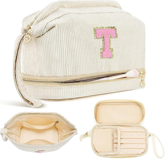 Makeup Bag for Girls Gift, Personalized Christmas Gifts Initial Women Makeup Bag for Travel, Double Layer Cosmetic Bag with Brush Organizer Preppy Make up Bag for Teen Girl Trendy - T