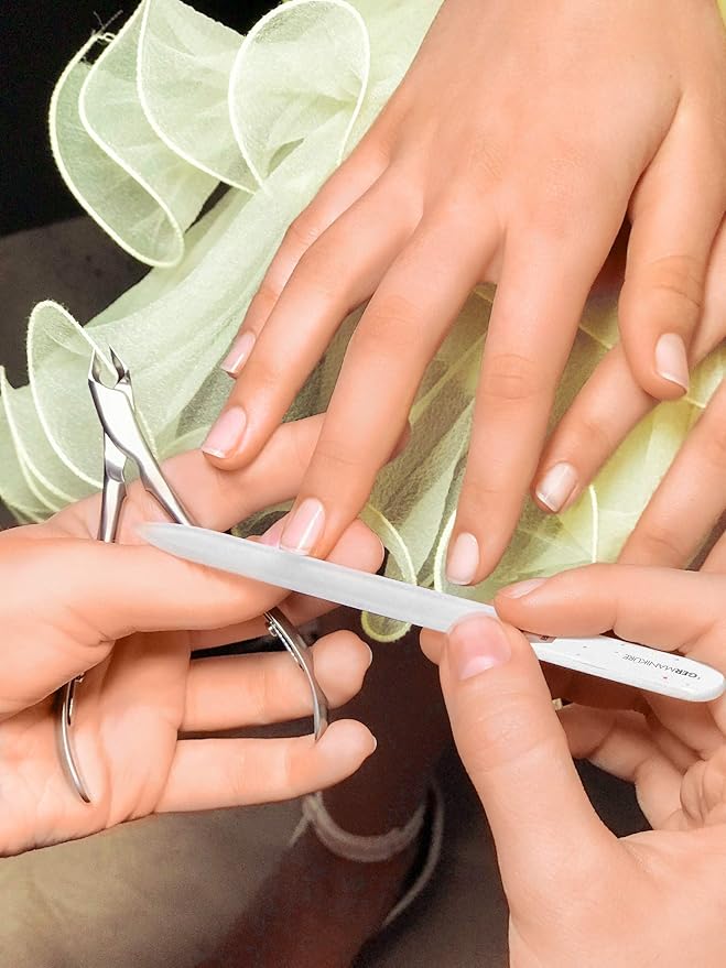 GERMANIKURE Gray Crystal Glass Nail File Set in Light Blue Leather Case – Handmade in Czech Republic – Professional Manicure & Pedicure Supplies – Glass Cuticle Stick, Pusher, Moon File