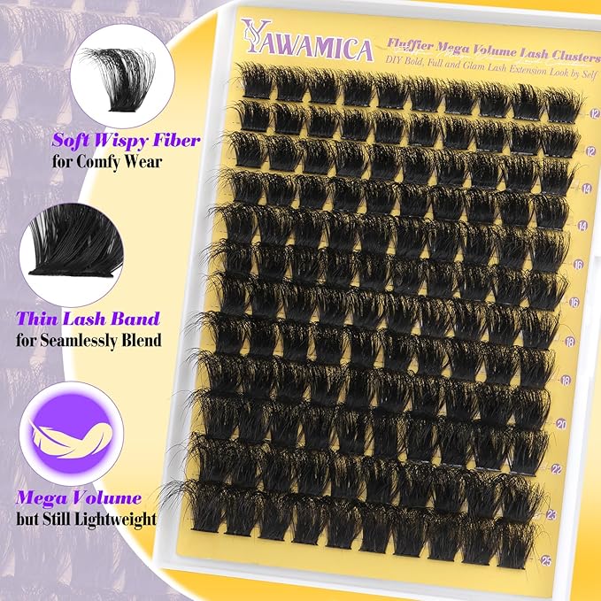 Yawamica Fluffy Lash Clusters Mega Volume Eyelash Clusters 12-25mm Long Thick Cluster Eyelash Extensions Wispy Individual Lashes D Curl Cluster Lashes for Instant Dramatic Lash Extension (DIY at Home)