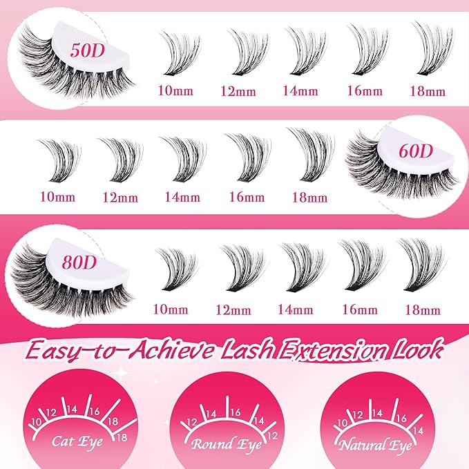Lash Clusters 600PCS Lash Clusters Kit 20D30D40D50D60D80D Wispy Lashes D Curl Eyelash Clusters Natural DIY Eyelash Extensions Kit for Beginners 10-18MM