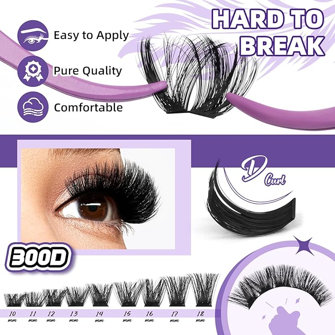 B&Q Fluffy Lash Clusters Kit UltraSoft Cluster Eyelash Extensions, 300D Volume Eyelash clusters 10-18mm Lash Extension Kit, D Curl Individual Lashes kit with lash Applicator Tool (300D Set)
