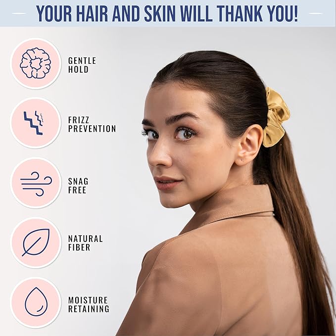 Blissy Silk Scrunchies (3 Pack) - 100% Pure Mulberry Silk - 22 Momme 6A High-Grade Fibers Scrunchie for Straight & Curly Hair - Preventing Breakage, Tangling, & Creasing (Gold Regular)