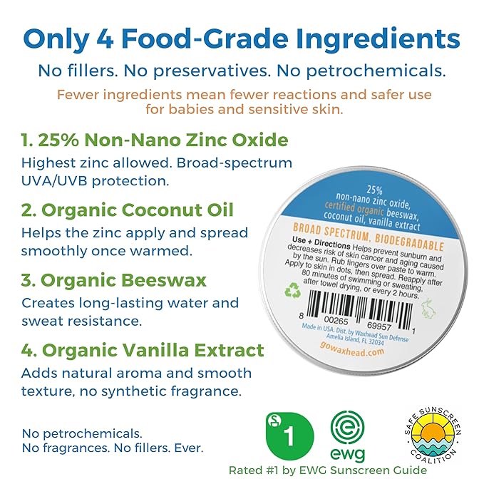 Waxhead Zinc Oxide SPF 30 Face & Nose - Mineral Sunscreen, Reef Safe Sunscreen Travel Size, Biodegradable Coral Friendly Paste, Kids Adult Sensitive Skin, Water Resistant 80 Min, 2oz