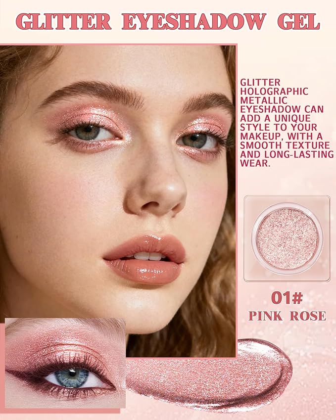 Sparkle Single Eyeshadow Cream, Pink Rose Glitter Highly Pigmented Eye Shadow, Long-Lasting Blendable Shimmer Eyeshadow, Lightweight Eye Shadow Makeup Palette Christmas Party Gift for Women Girls-01