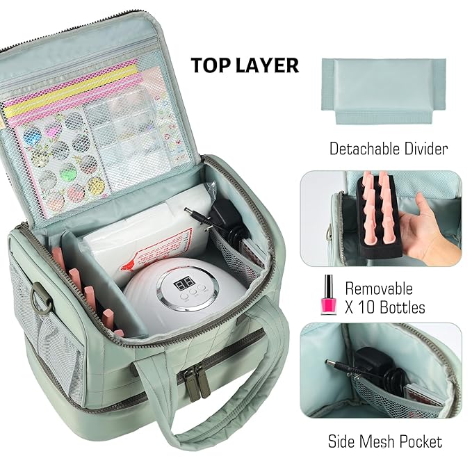 VOFIpremiAm Nail Polish Organizer Case Fits Nail Lamp and 50 Bottles,Quilted Nail Organizers and Storage for Nail Tech,Water Proof Nail Polish Storage Bag Fits Nail Kit Manicure Tools (Patented)-Green