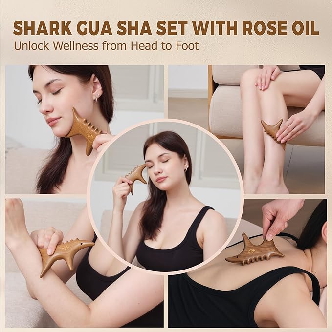 Wooden Gua Sha Tool with Rose Essential Oil, Trigger Point & Acupressure Massage Tool for Deep Tissue Muscle Relaxation, Compact Muscle Scraper Tool, Wellness Self-Care Gift Set