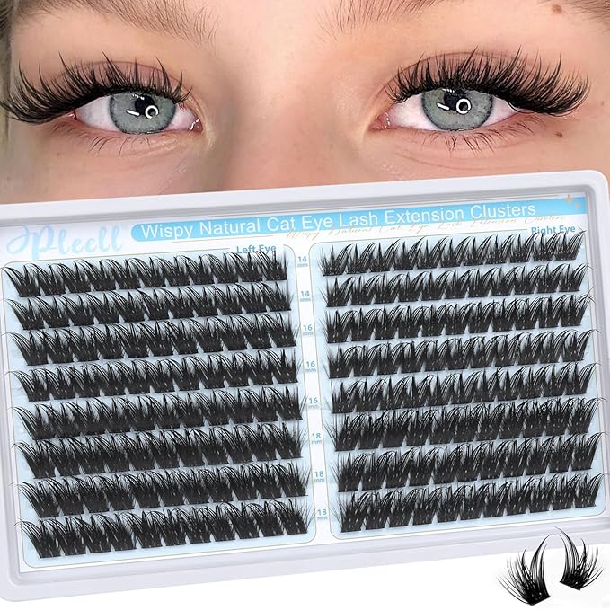 Manga Lash Clusters With Spikes Cat Eye Cluster Lashes 14/16/18MM Cluster Eyelash Extensions Left&Right Individual Lashes Volume Lash Extensions by Pleell (176PCS, D Curve)