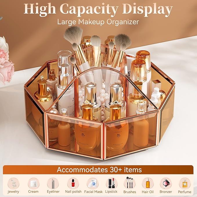 360° Rotating Makeup Organizer Spinning Vanity Organizer with Makeup Brush Holder for Countertop, Bathroom Storage, Skincare, Perfume & Cosmetic Organizer for Vanity Amber