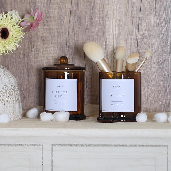 Ronasip Qtip Holder & Cotton Pad Dispenser, Bathroom Organizer and Storage Canisters, 16oz Glass Apothecary Jars for Kitchen, Restroom - Home Decor Accessories, Room Decor Aesthetic (2 Pack, Amber)