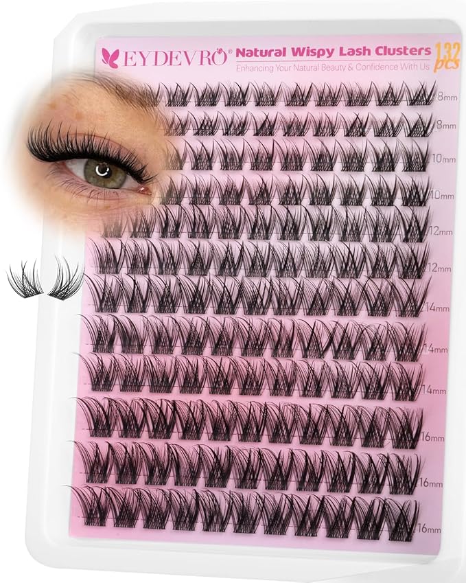 EYDEVRO Natural Lash Clusters Wispy Eyelash Clusters C Curl 8-16mm Cluster Eyelash Extensions DIY Lash Extensions at Home Cluster Lashes Reusable Waterproof Individual Lashes Soft Thin Band