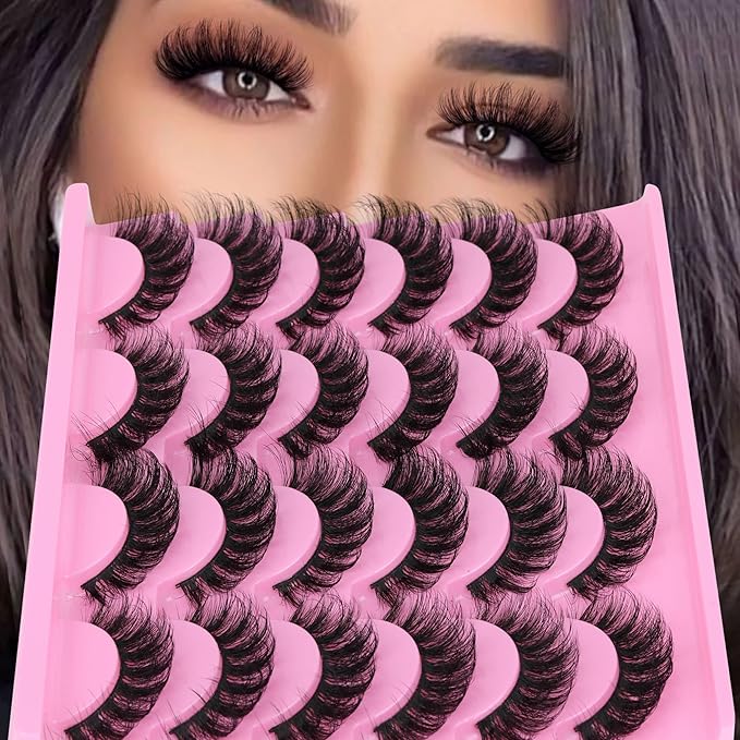 Yawamica False Lashes Wispy 16mm Mink Lashes Pack 12 Pairs 5D Fluttery Volume Fake Eyelashes Cat Eye Natural Look