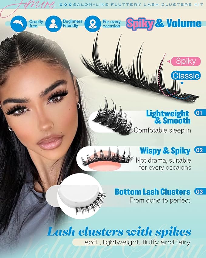 Lash Clusters Kit Manga Lashes Clusters Spiky 120D Eyelash Clusters Kit with Bottom Lashes 12-18MM Wispy Lash Extension Kit with Lash Bond and Seal Eyelash Extension Kit DIY at Home by JIMIRE