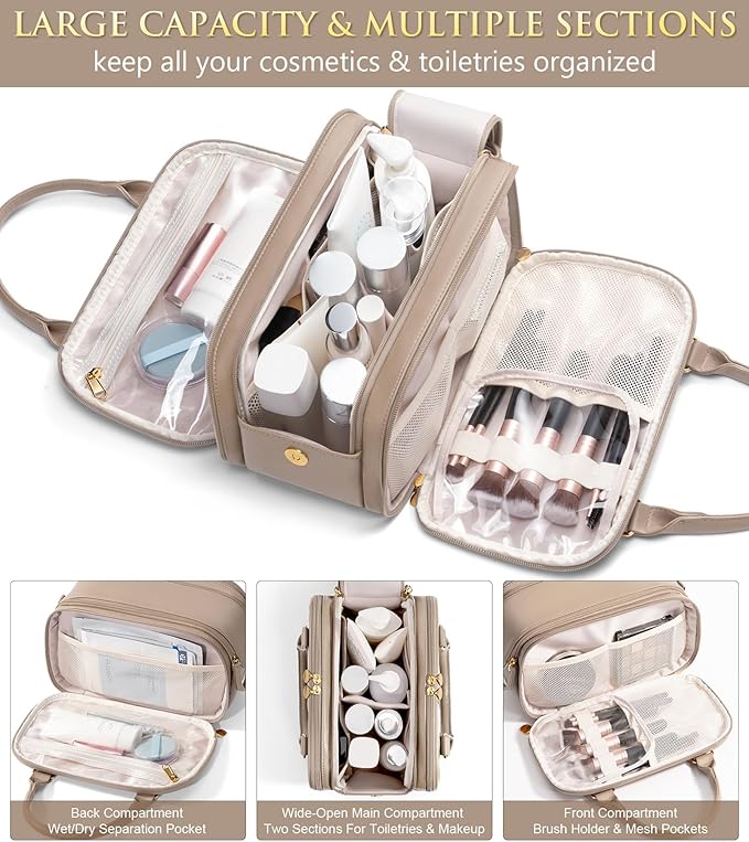 Bagstellar Travel Makeup Bag, Large Capacity Quilted Toiletry Bags for Women, Wide-open Cosmetic Bags Make Up Case Organizer Portable Pouch with Handle & Brush Holder for Traveling Accessories, Camel