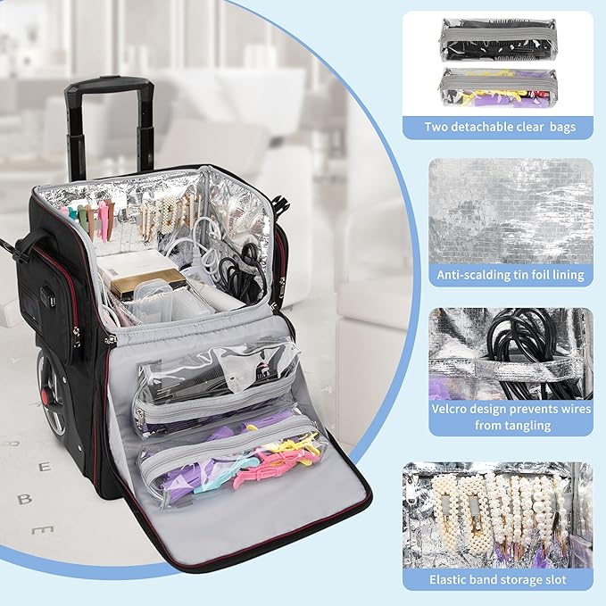 OCHEAL Rolling Makeup Train Case,with 7 Pcs Clear Makeup Bags, Makeup Case On Wheels Carry On Travel Cosmetic Organizer Suitcase, Extra Large Storage Trolley for Hairstylist Cosmetology Artist