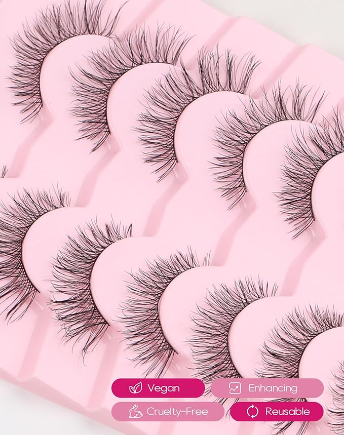 Natural Mink Lashes Fluffy Cat Eye Lashes Wispy 6D Volume False Eyelashes that Look Like Extensions Thick Soft Curly Fake Lashes 7 Pairs Pack NK26