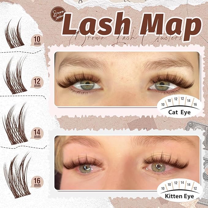 Anime Cluster Lashes Brown Cluster Eyelash Extensions Fairy Eyelash Clusters Wispy Lash Clusters Dark Brown Individual Lash C-Curly Lash Extension Spiky Manga DIY Eyelashes Pack (108Pcs, 10-16MM)