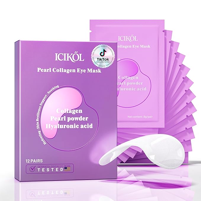 Collagen Under Eye Patches Mask - Undereye Patches for Dark Circles, Puffiness, Wrinkles - Gel Under Eye Patches, Birthday Gifts for Women - Gifts for Women - Vegan (12 Pairs, Pearl Powder)