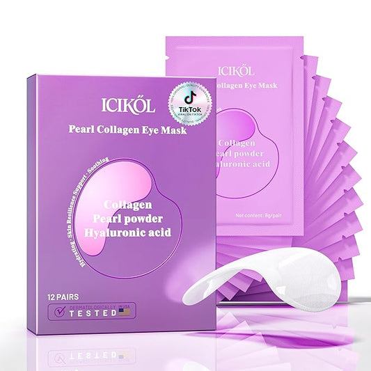 Collagen Under Eye Patches Mask - Undereye Patches for Dark Circles, Puffiness, Wrinkles - Gel Under Eye Patches, Birthday Gifts for Women - Gifts for Women - Vegan (12 Pairs, Pearl Powder)