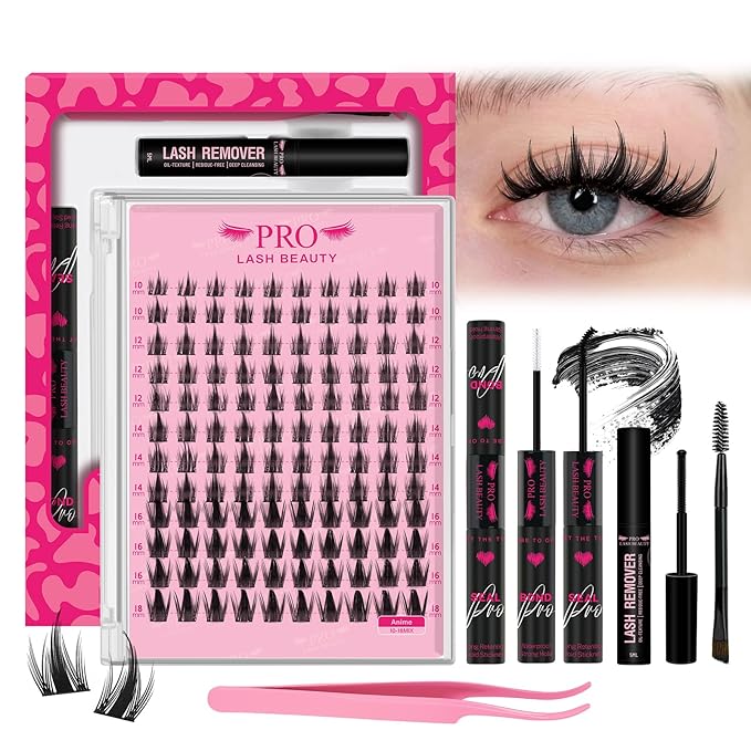 PROLASHBEAUTY Manga Lash Clusters Kit Anime Lash Clusters Volume Fairy Ultra-Thin Band Spike Lashes with Lash Bond and Seal Applictor Remover (Anime,10-18mix)