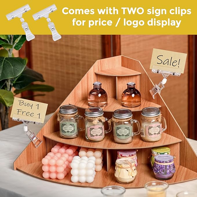 4-Tier Retail Wooden Display Riser - Farmers Market Craft Fair Display Rack - Candle Soap Cups Mugs Tumblers Corner Display Stand For Craft Shows - Curved Countertop Table Display For Cupcakes