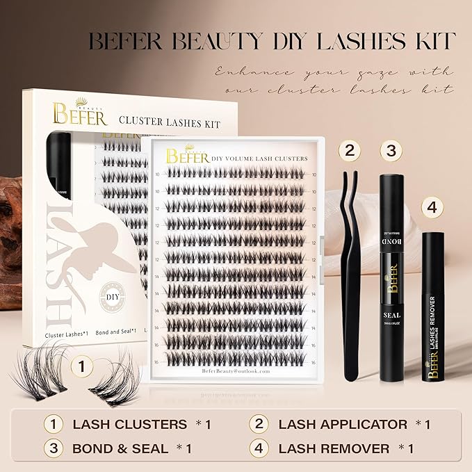 BEFER Lash Clusters Kit, 108 Pcs 3D Curl Eyelash Clusters Volume Individual Lashes Extensions 10-16MM Wispy Eyelash with Tweezers DIY At Home(Wit, ZE12,Kit)