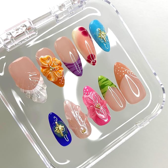 Medium - Medium Almond Handmade Unique Fake Nails, Artistic Design, Thick Acrylic and Muti-Layer Gel False Nails, Reusable Gel Cured Sturdier 3D Fake Nails, DIY Art Decorate-M size