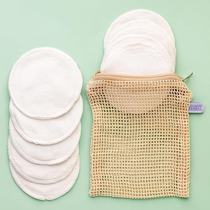 Reusable Cotton Pads for face, Reusable Cotton Rounds for Facial Cleansing, Bamboo, Reusable Makeup Remover Pads for face in Organic Cotton mesh Bag, 10 Pads, Ora’s Amazing Herbal