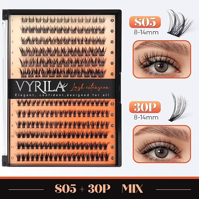 Lash Clusters-VYRILA 0.07mm Wispy Eyelashes C Curl Eyelash Clusters 8-14mix Individual Lashes Extension DIY at Home (30P+S05 192pcs-8-14mix)