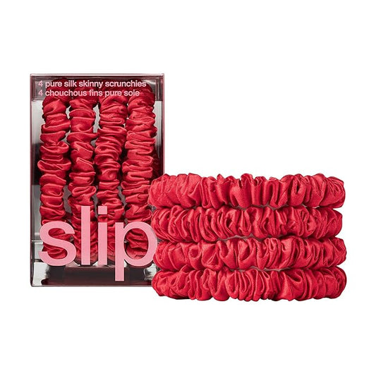 slip Skinny Scrunchies: Anti-Crease, Anti-Breakage Slipsilk™ Design Protects Delicate Hair | Includes 4 Pure Silk Scrunchies: Red