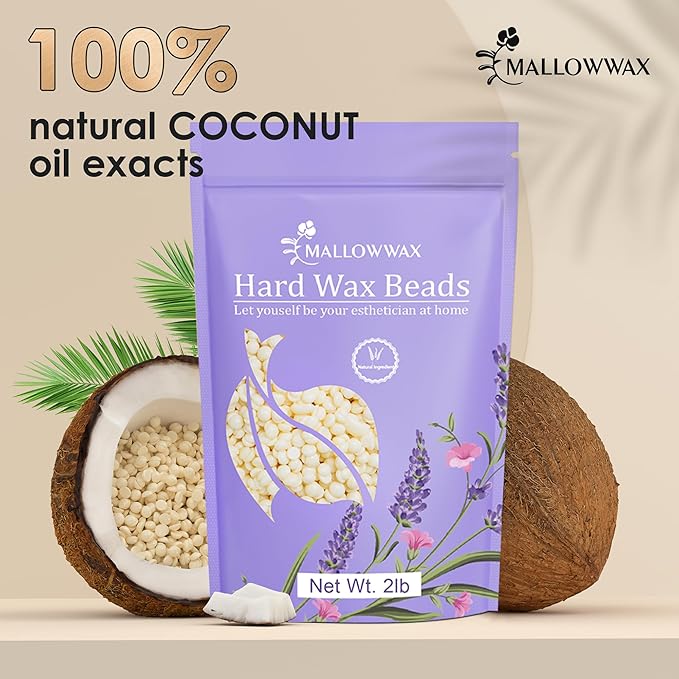 Mallowwax Hard Wax Beads, 2LB Coconut Cream Wax for Sensitive Skin, Gentle Hair Removal for Face, Bikini, Legs & Brazilian, No Strips Needed & Easy to Use at Home