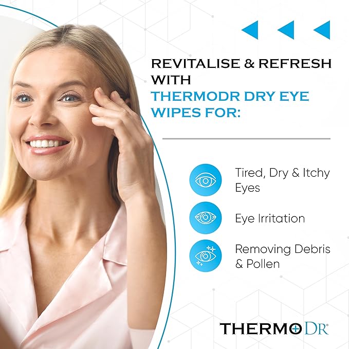 Eye Wipes for Dry Eyes - Tea Tree Eyelid Wipes Blepharitis, Tired, & Itchy Eyes - Tearless & Fragrance-Free Eye Cleaning Pads by ThermoDR - 30 Pcs