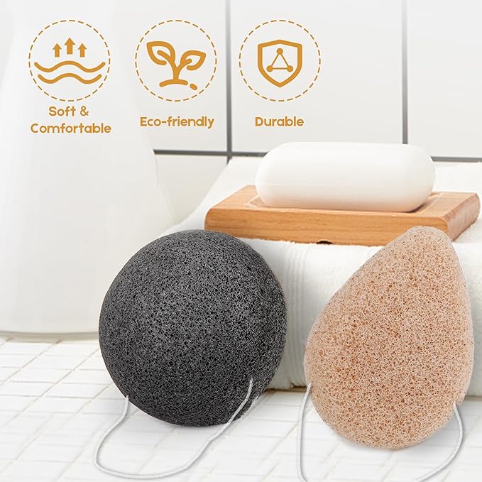 Konjac Exfoliating Organic Cleansing Facial Sponges Set - Natural Walnut Charcoal Konjac Face Scrubbers Sponge for Body Exfoliator Skincare Makeup Removal, Safe for Oily Dry Combination Sensitive Skin