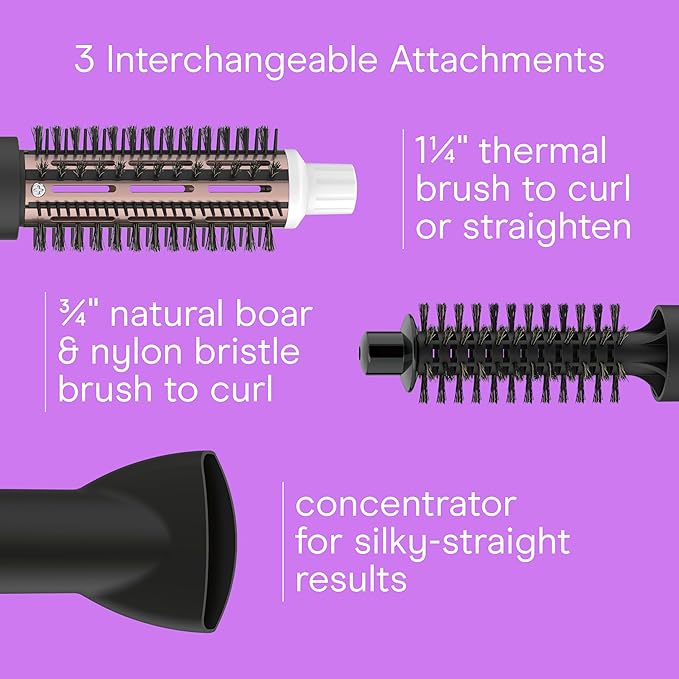 Conair Double Ceramic 3-in-1 Hot Air Brush, Interchangeable Attachments: 1¼-Inch Thermal Brush, ¾-Inch Boar and Nylon Bristle Brush, and Concentrator, Voluminous Curls & Straight Styles, White
